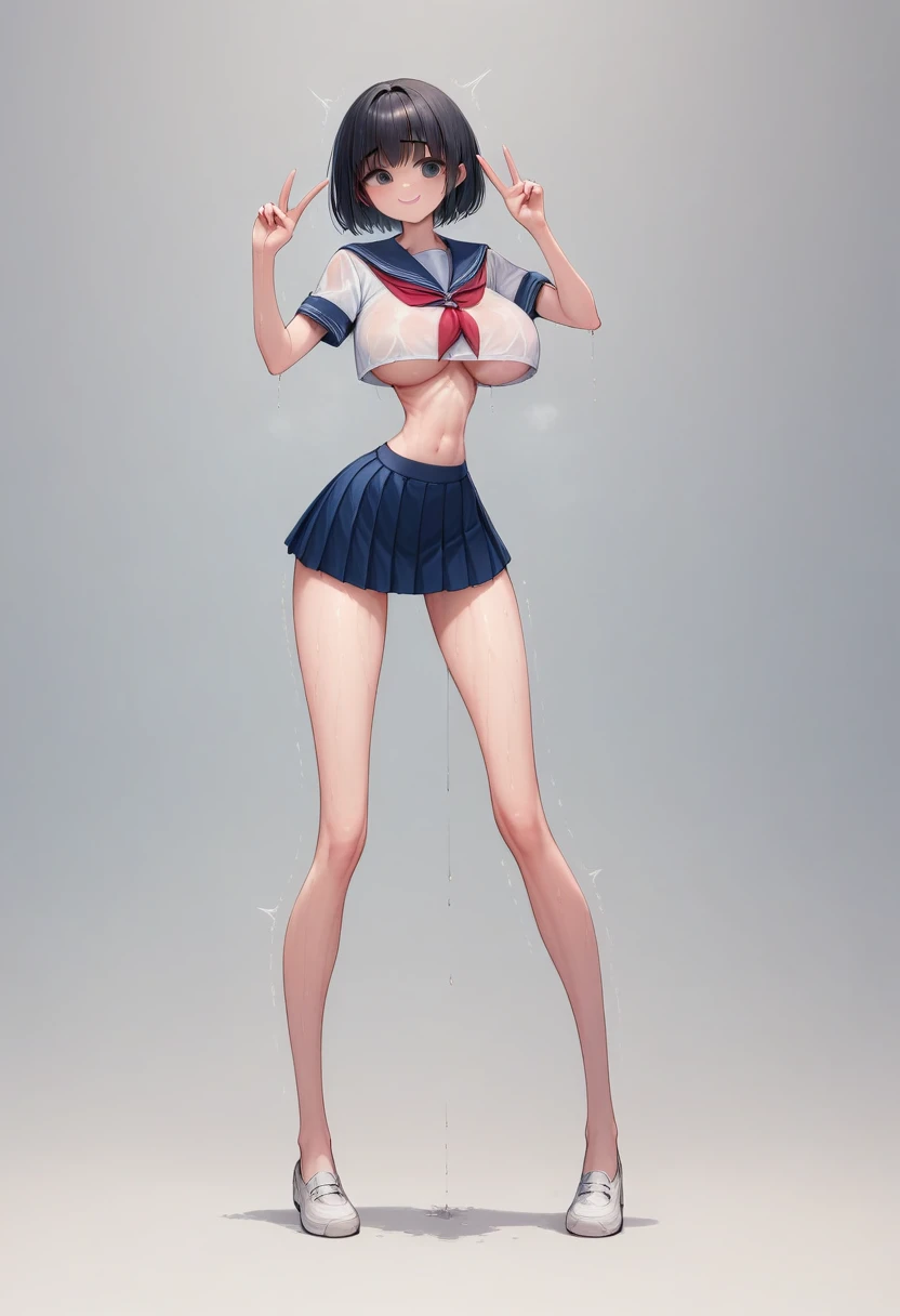 (masterpiece, best quality:1.2), front shot, beautiful 1girl, (super big breasts, micro waist, very long legs:1.4), Black hair, short bob hair, short height, scrawny and thin body, Very thin abdomen, Light Skin, cute big eyes, cute beautiful thin face, forced smile, Modest, serafuku, mini skirt, pigeon-toed, (Arched back), wet and sweaty, (visible ribs), Long and thin navel, V sign, Trembling