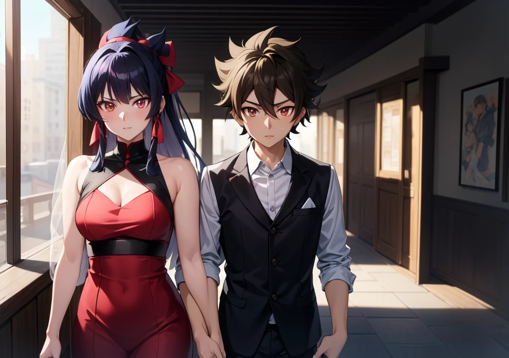 ((best qualityer)), ((work of art)), (detailded),  two male characters at a wedding, sendo Shu Kurenai do Anime Beyblade Burst Evolution(Long white hair and red eyes)  and the character Tetora Nagumo from the game Ensemble Stars (brown eyes and short black hair), they would be holding hands, facing each other, they are at a wedding event