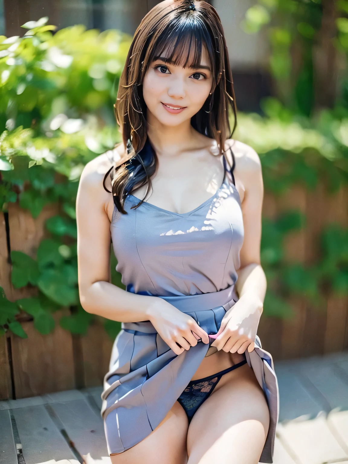 1girl, woman, beautiful, medium breasts, flirtatious look, high res, (1girl eyes looking at viewer:1.55), Simple Background, Emphasis on the chest, whole body, cute face, beautiful face, nipple, light smile, (skirt lift:1.2), skirt lift pov, constricted waist, blush, shy, panties, underwear, 25 years old woman, skirt lift, flipped my skirt, (perfectly detailed face), looking at viewer:1.8, one piece dress, light blue summer dress, park bench, photorealistic, (bokeh), photorealistic, depth of field, best quality, anatomically correct, super detail, textured skin, UHD, 8k