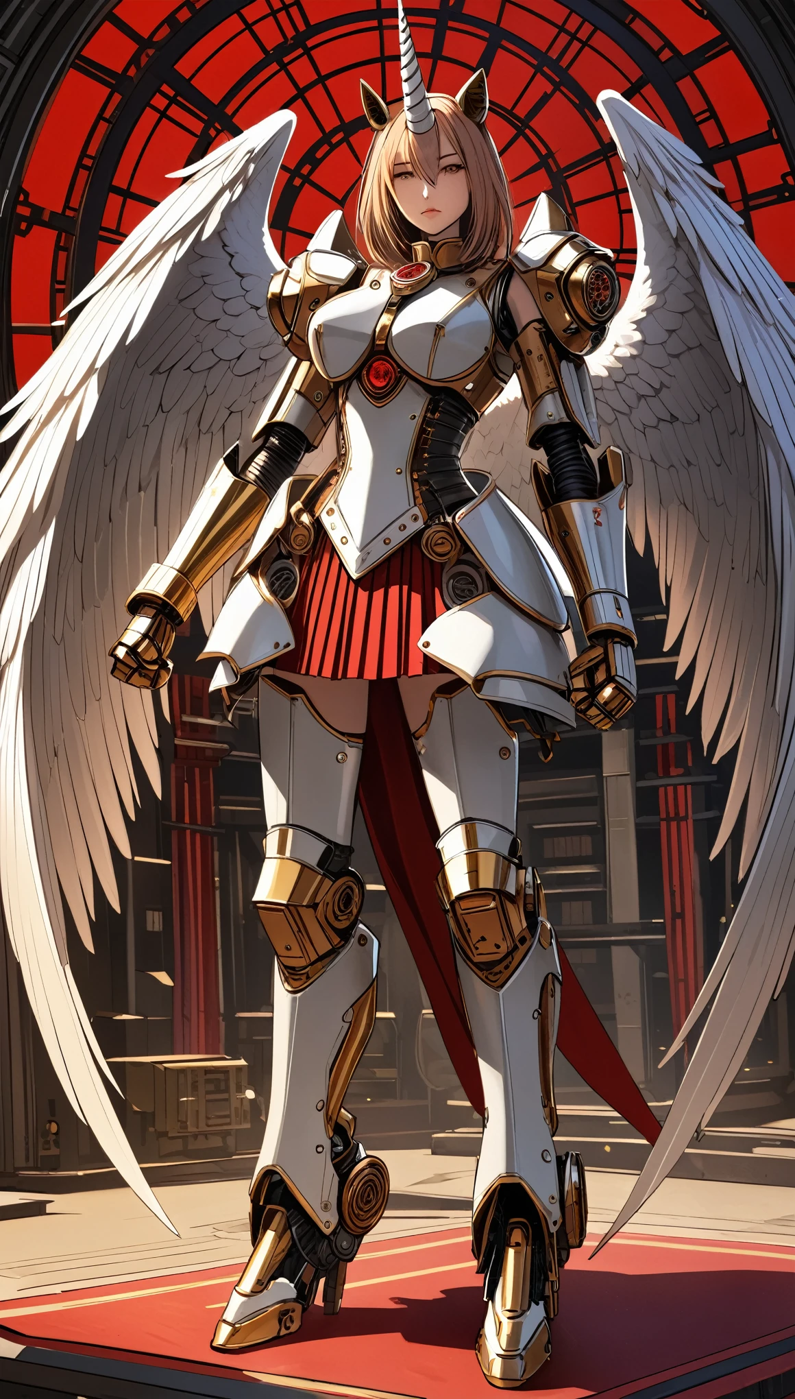 unicorn horn,metal spiral sharp corners,in style of Santiago Caruso,
huge mechanical angel wings,mechanical_halo,1 girl,mechanical wrist,mechanical skirt with pleated skirt,(huge makeover mechanical fists:1.5),
the fist flashed red,(bold,smooth,elegant,curvaceoous,precise:1.2)