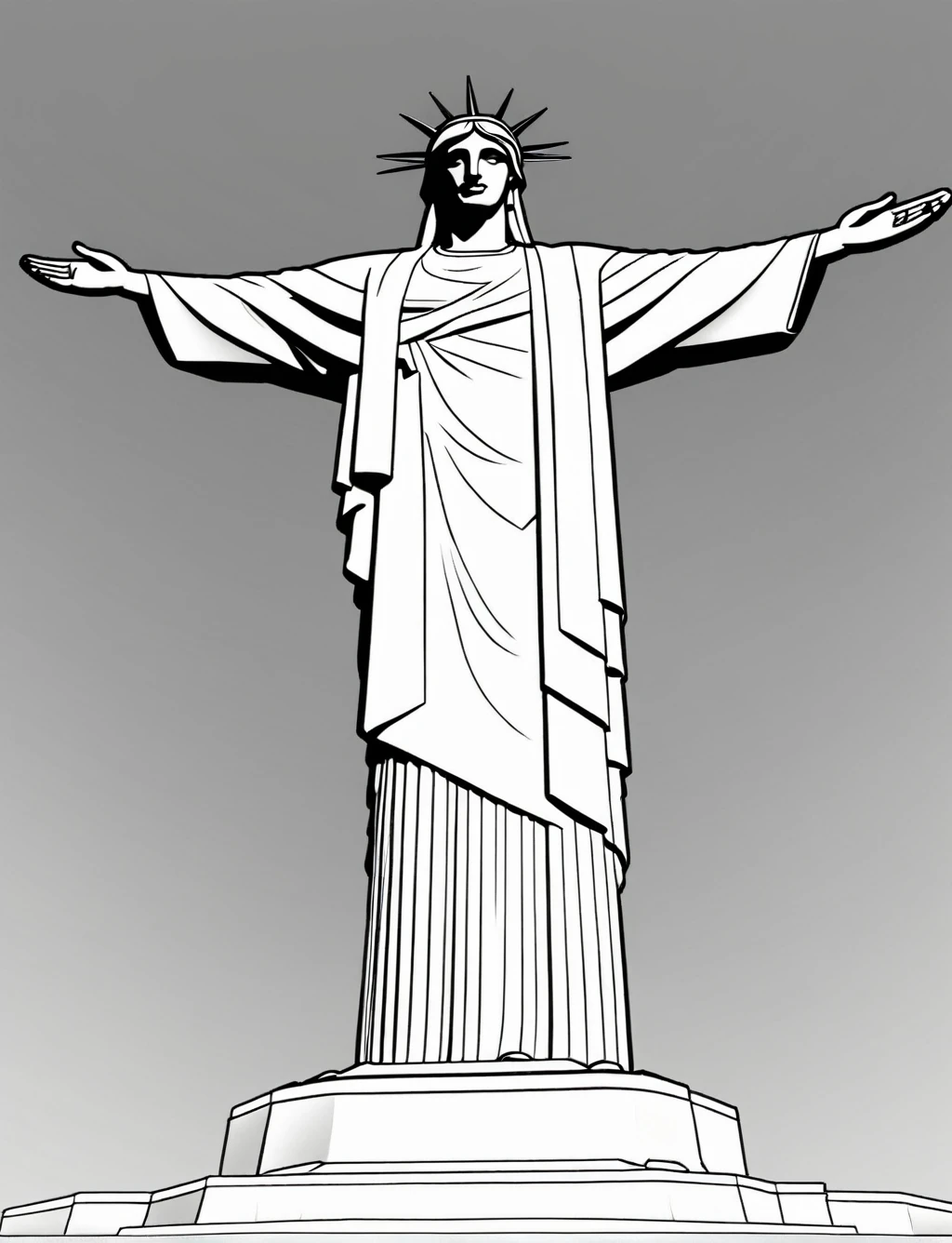 ((The statue of Christ the Redeemer)), (black and white), (masterpiece), (coloring page), line art drawing, graphic, (simple line art), vector graphics, Clear and Distinct Lines, Varied Line Weights, Smooth curves, Bold outlines, Crisp shapes