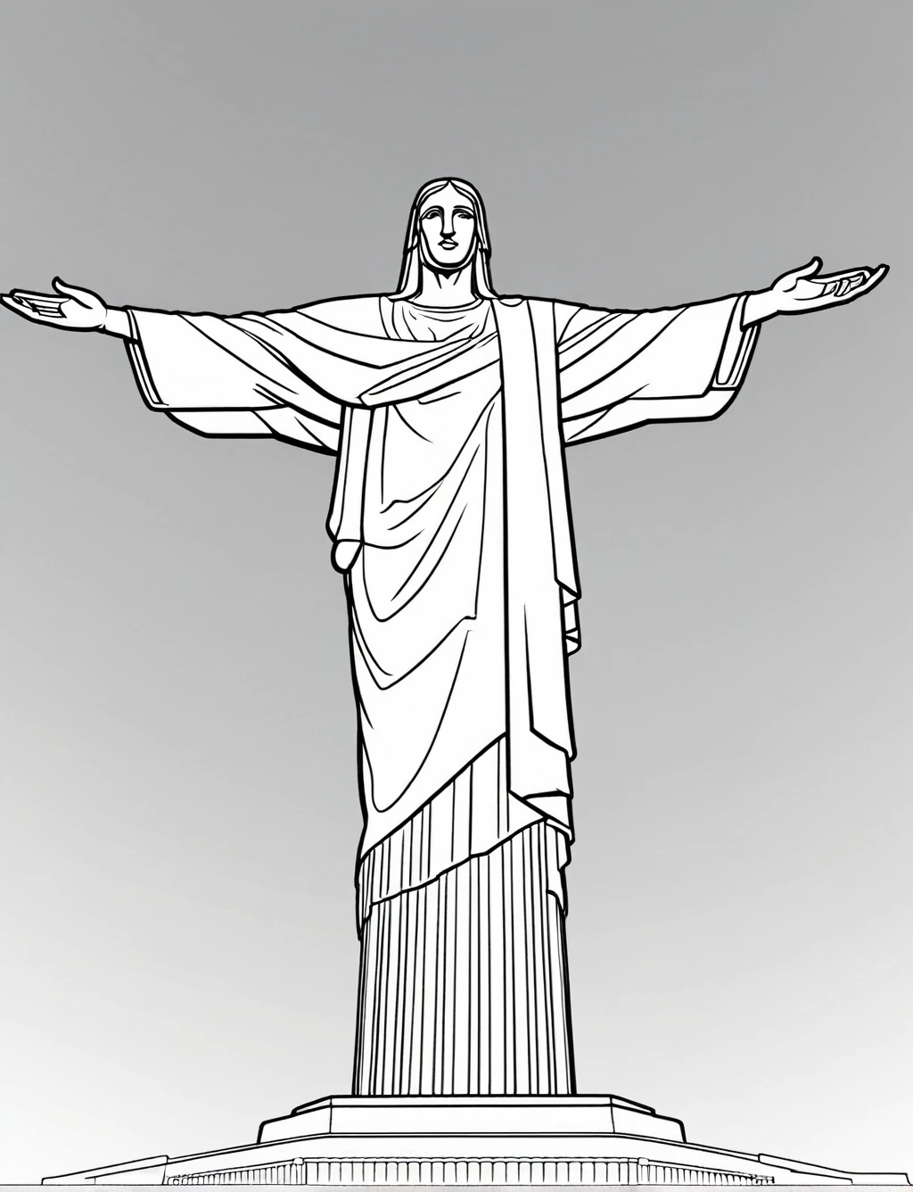 ((The statue of Christ the Redeemer)), (black and white), (masterpiece), (coloring page), line art drawing, graphic, (simple line art), vector graphics, Clear and Distinct Lines, Varied Line Weights, Smooth curves, Bold outlines, Crisp shapes
