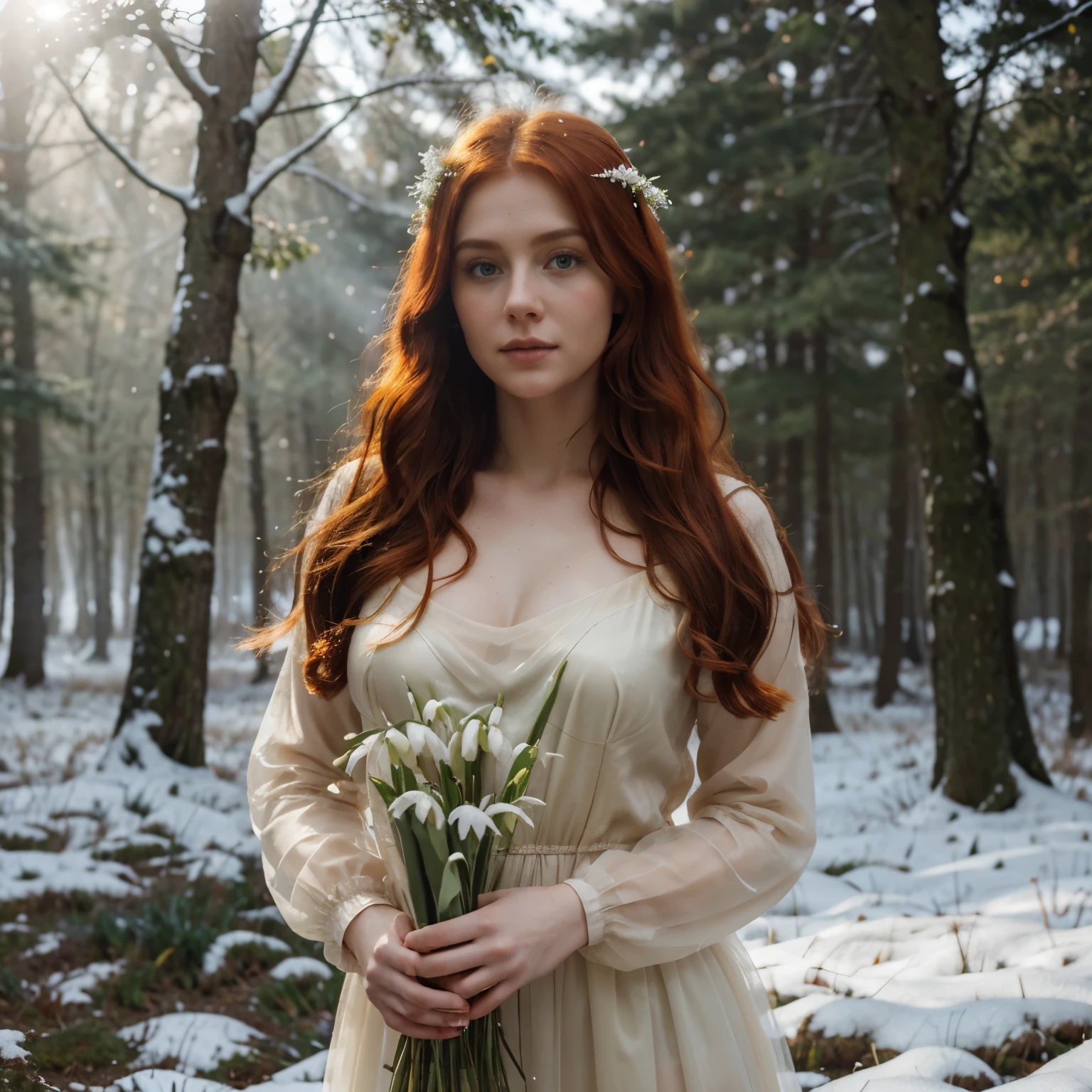 Beautiful firey red haired maiden holding bouquet of snowdrops, bathed in golden light in a celtic winter woodland, she embodies the goddess Brigid, snowdrop flowers burst through patches of snow, mist, magical lighting. pre-raphaelite masterpiece, Extremely beautiful young fantasy princess in aesthetic forest, Glow, archs, red hair, Backlit hair, Photorealistic, Dreamy, soft focus effect ,Sheer dress