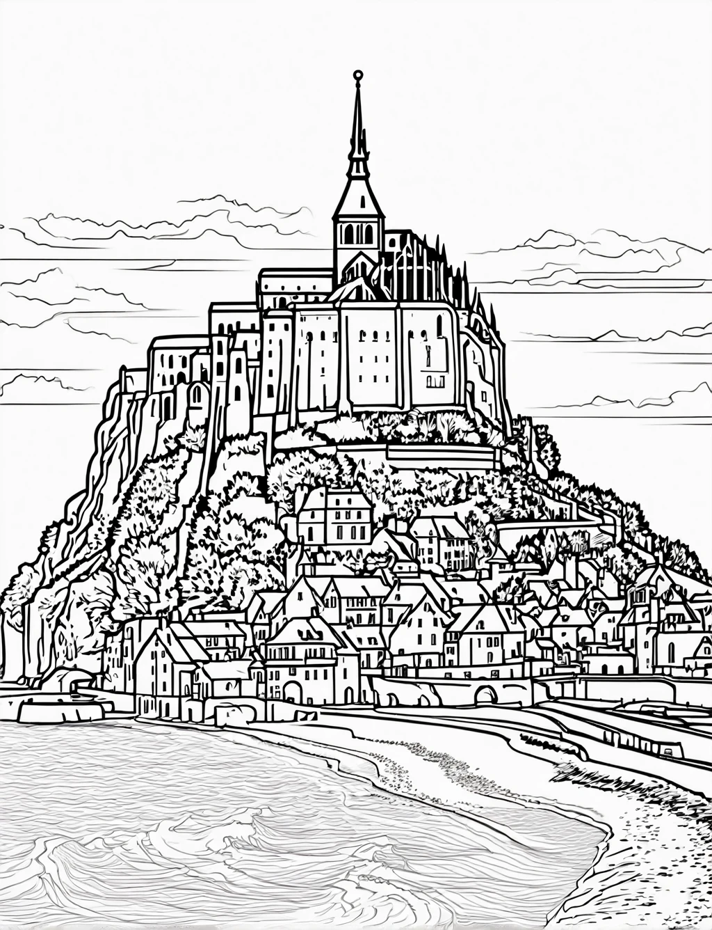 ((The island commune of Mont Saint-Michel with its medieval abbey rising above.)), (black and white), (masterpiece), (coloring page), line art drawing, graphic, (simple line art), vector graphics, Clear and Distinct Lines, Varied Line Weights, Smooth curves, Bold outlines, Crisp shapes