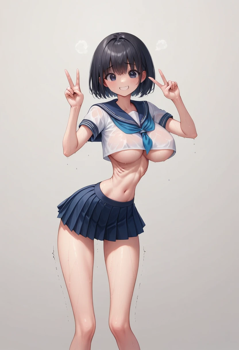 (masterpiece, best quality:1.2), front shot, beautiful 1girl, (super big breasts, micro waist:1.3), (very long legs:1.4), Black hair, short bob hair, short height, scrawny and thin body, (Very thin abdomen:1.3), Light Skin, cute big eyes, cute beautiful thin face, forced smile, Modest, serafuku, mini skirt, pigeon-toed, (Arched back), wet and sweaty, (visible ribs), Long and thin navel, V sign, Trembling