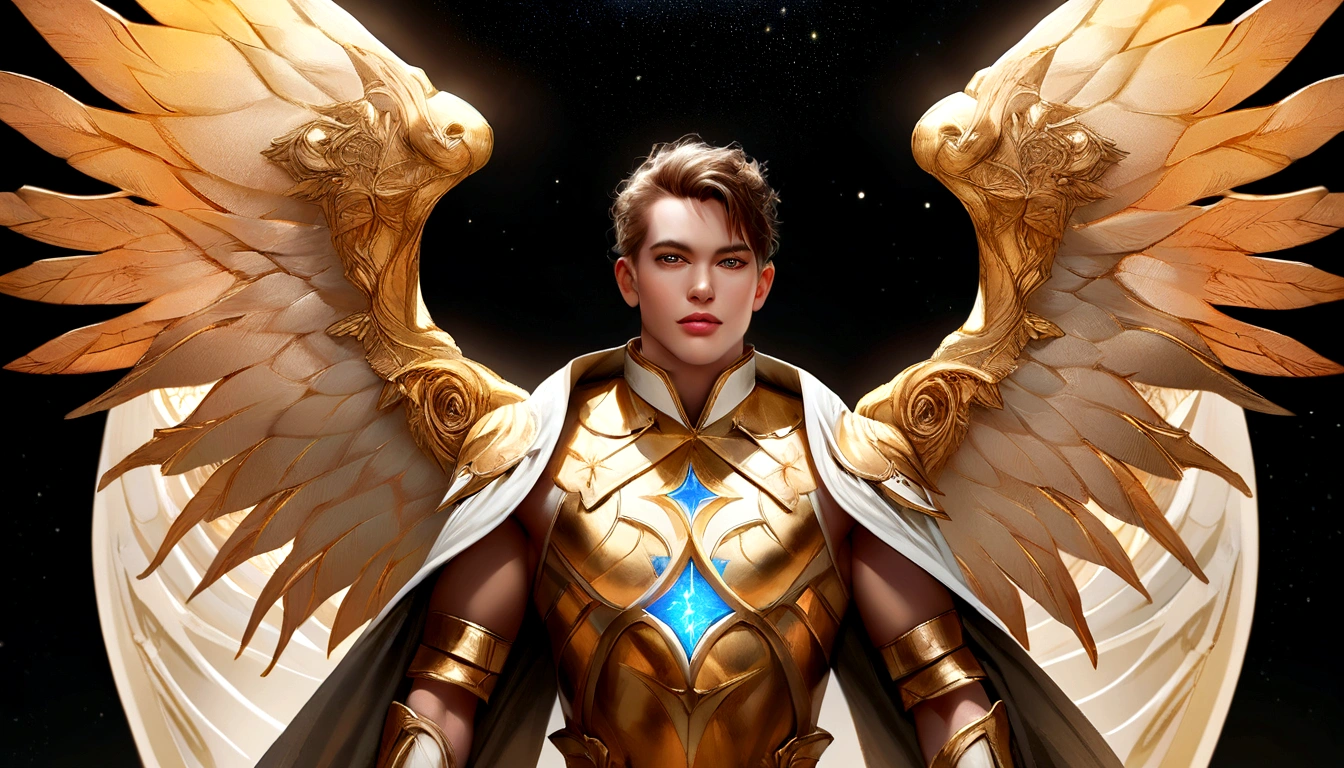 male character, Arcanjo Miguel, celestial image, details Intricate, realistic, ROSES and big wings, angelic background, Catholic illustrative depiction of the Arcanjo Miguel, male character of the Bible, Michael is dressed in angelic armor, Space background, Lighting in Arkhangelsk and in the background, Image of the entire body of an angel, Maximum detail and her angelic face and wings, realistic perfect skin, Maximum image quality, Miguel is highlighted in the image with bright and vibrant colors.