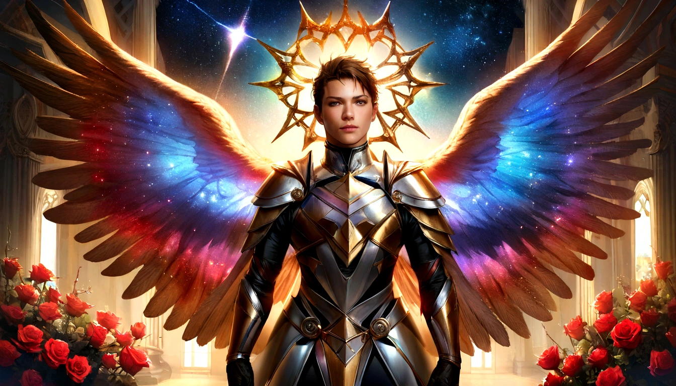 male character, Arcanjo Miguel, celestial image, details Intricate, realistic, ROSES and big wings, angelic background, Catholic illustrative depiction of the Arcanjo Miguel, male character of the Bible, Michael is dressed in angelic armor, Space background, Lighting in Arkhangelsk and in the background, Image of the entire body of an angel, Maximum detail and her angelic face and wings, realistic perfect skin, Maximum image quality, Miguel is highlighted in the image with bright and vibrant colors.
