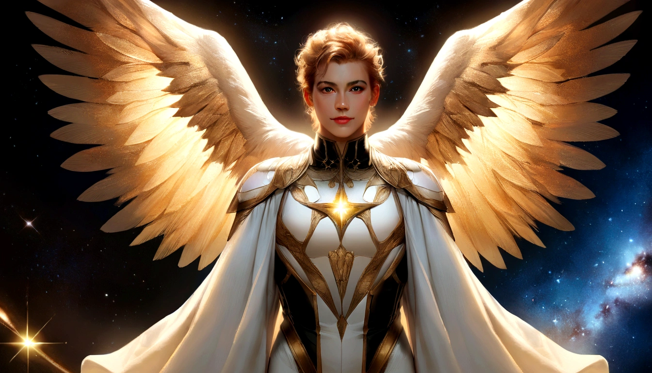 male character, Arcanjo Miguel, celestial image, details Intricate, realistic, ROSES and big wings, angelic background, Catholic illustrative depiction of the Arcanjo Miguel, male character of the Bible, Michael is dressed in angelic armor, Space background, Lighting in Arkhangelsk and in the background, Image of the entire body of an angel, Maximum detail and her angelic face and wings, realistic perfect skin, Maximum image quality, Miguel is highlighted in the image with bright and vibrant colors.