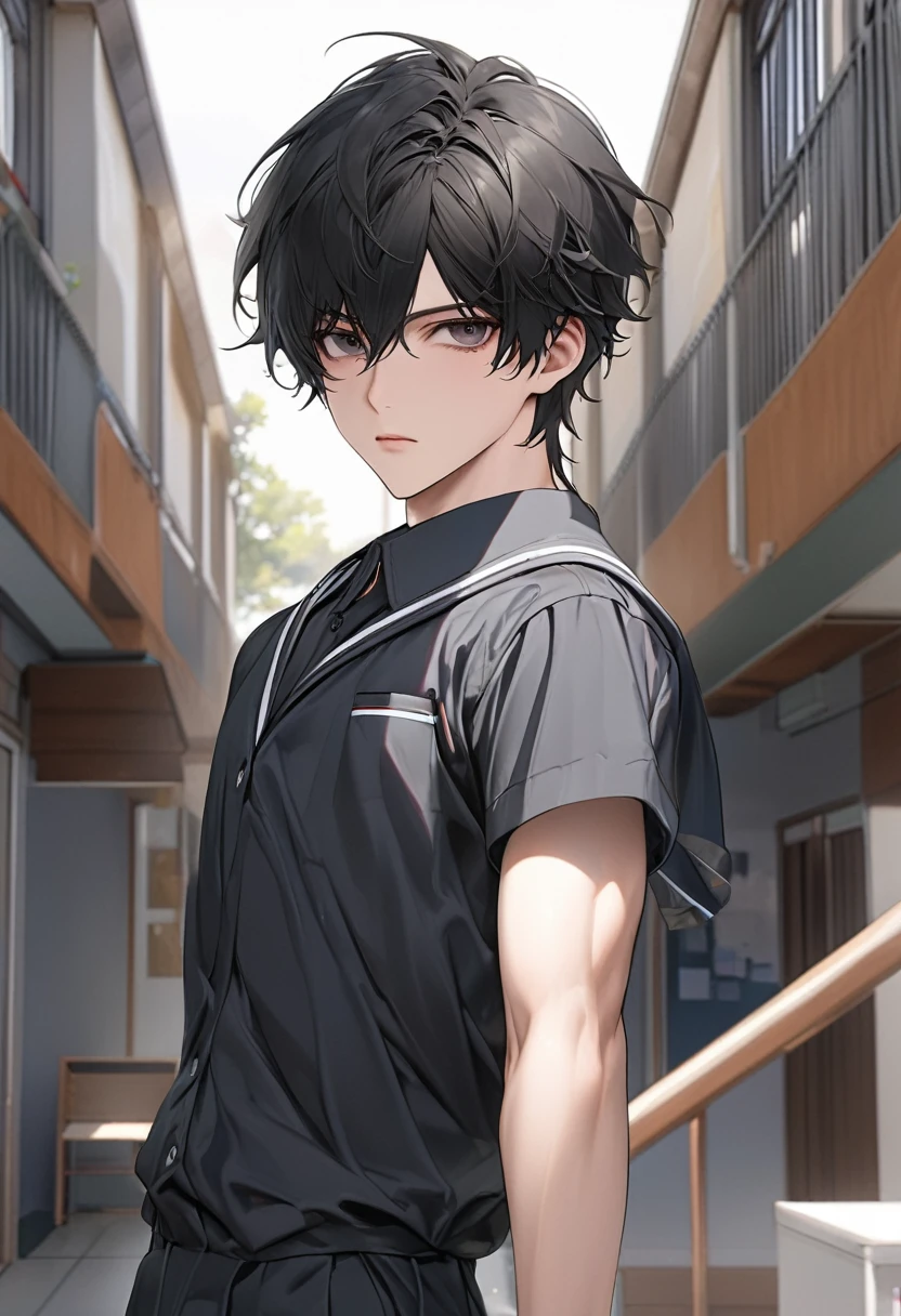 A highschool boy, handsome, perfect body, black hair, short hair, mullet, black eyes, upturned eyes, expressionless, black highschool uniform, anime, first-person view, masterpiece, anatomically correct, high details, highres, best quality, super detail, 1080P