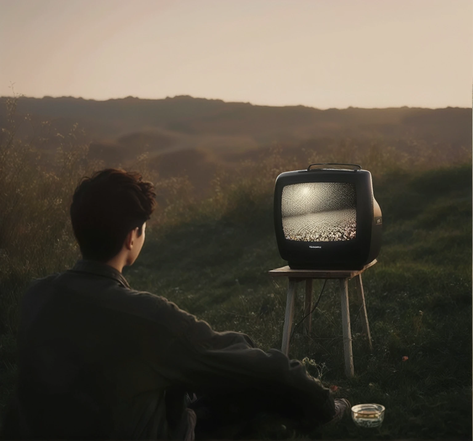 A person watching TV outdoors,Ultra high quality,Photography,Super Realism,masterpiece