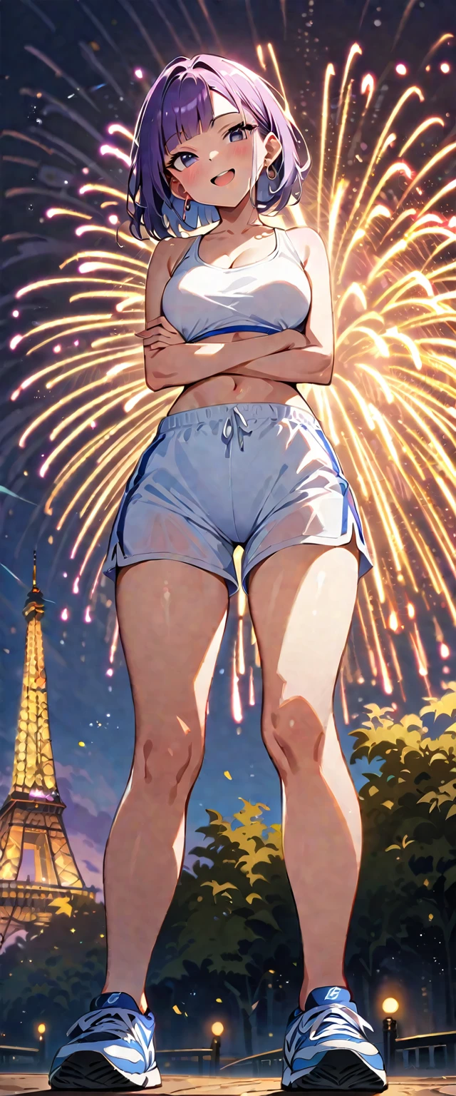 (masterpiece, best quality:1.2), solo, Android 18 from Dragon Ball, ((crop sport bra)), (short dolphin shorts, thigh gap), medium breasts, short purple hair loose, ((black eyes)), earrings on earlobes, slender feminine figure, narrow waistline, skinny body, head tilt, looking at viewer, blush, crossed arms, standing, the Eiffel Tower, outside, natural lighting and shadows, magnificent view, blur background, 4K, open mouth, smile, full body, newbalance shoes, fireworks, sky, blunt bangs, single hair bun, from below,