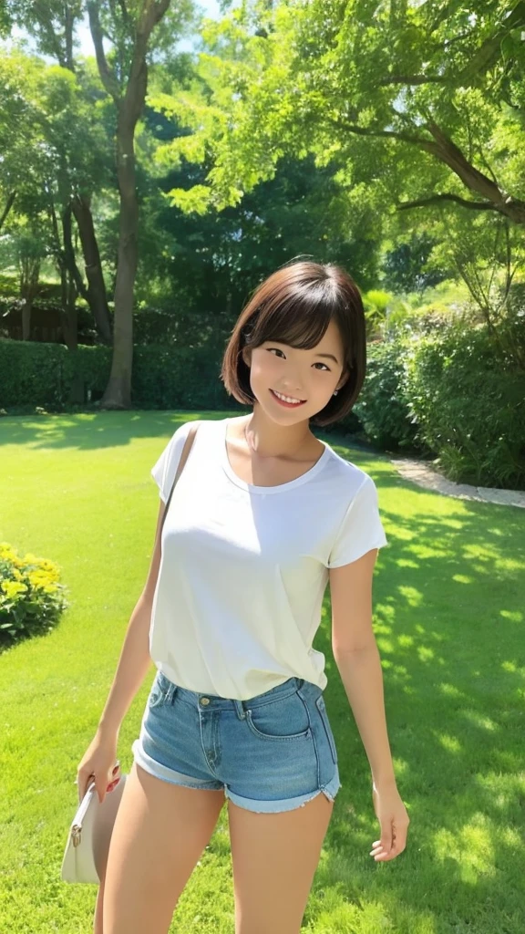 Take a selfie in the park,30 years old,japanese woman,short bob hair,slim body,Bust A cup,very small breasts,White tee shirt,No bra
