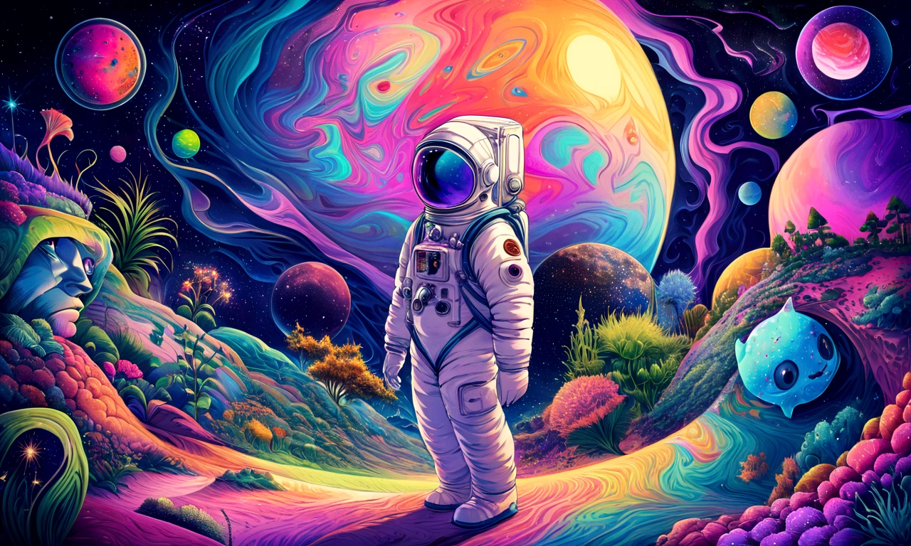 HD details, Close-up of a man in a spacesuit, planet in background, Psychedelic cosmic horror, Psychedelic illustrations, Cosmic Space, growing plants, world of psychopaths, art graphic space background, Illustration of the universe, Cosmic Space, LSD universe art poster, There is space in the back., Space scene, Surreal Area, Cosmic style
