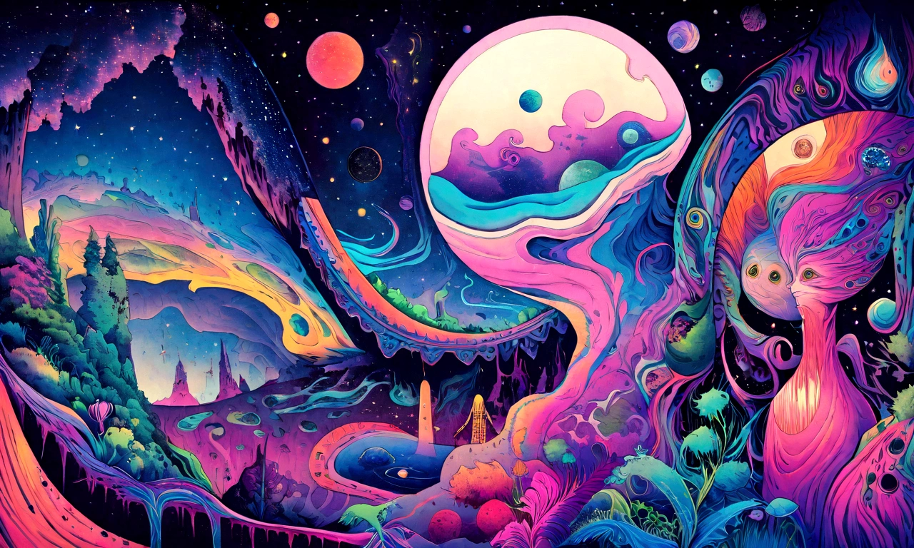 HD details, Close-up of a man in a spacesuit, planet in background, Psychedelic cosmic horror, Psychedelic illustrations, Cosmic Space, growing plants, world of psychopaths, art graphic space background, Illustration of the universe, Cosmic Space, LSD universe art poster, There is space in the back., Space scene, Surreal Area, Cosmic style