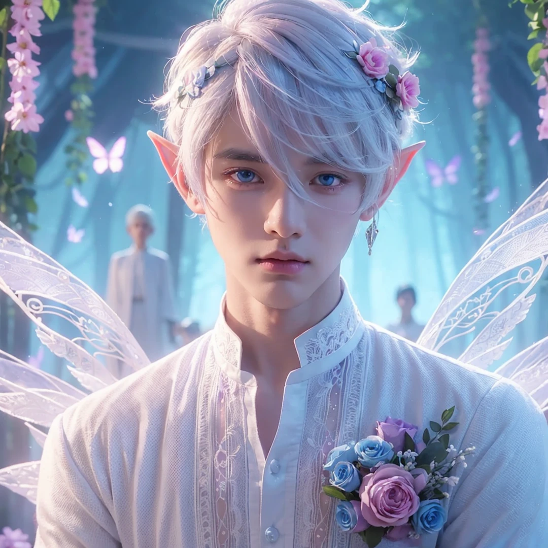 Handsome boy, white hair, blue eyes, wearing pink and light blue flower crown, wearing white barong tagalog, elf ear, "surrounded by light blue, pink, and purple light, magic forest background