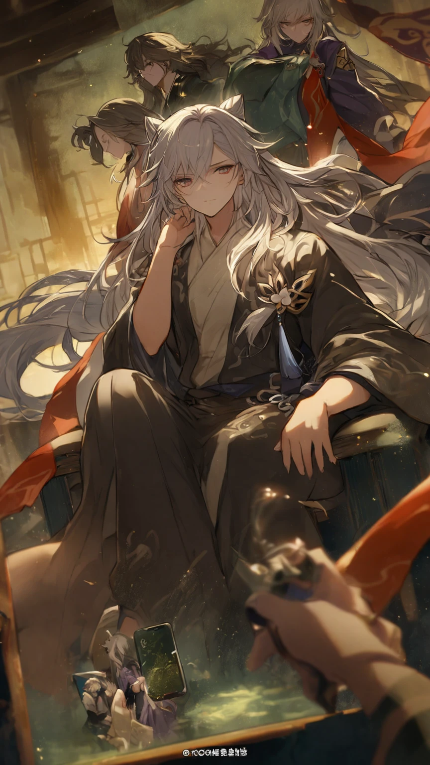 Close-up of a person sitting on a chair with a mobile phone, miyabi, Jan J, Keqing of Genshin Impact, White-haired God, Genshin Impact Mid-Range, Flowing hair and long robes, by Shimo, Haise Jinyao, Handsome men from Demon Slayer, Detailed Key Anime Art, everyone, Gwaiz