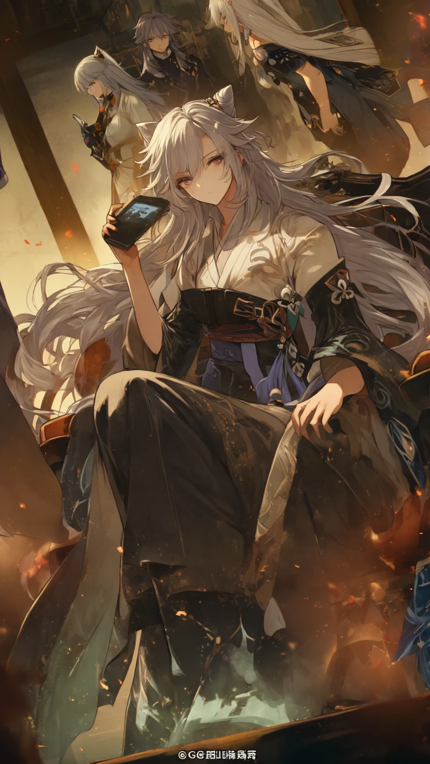 Close-up of a person sitting on a chair with a mobile phone, miyabi, Jan J, Keqing of Genshin Impact, White-haired God, Genshin Impact Mid-Range, Flowing hair and long robes, by Shimo, Haise Jinyao, Handsome men from Demon Slayer, Detailed Key Anime Art, everyone, Gwaiz