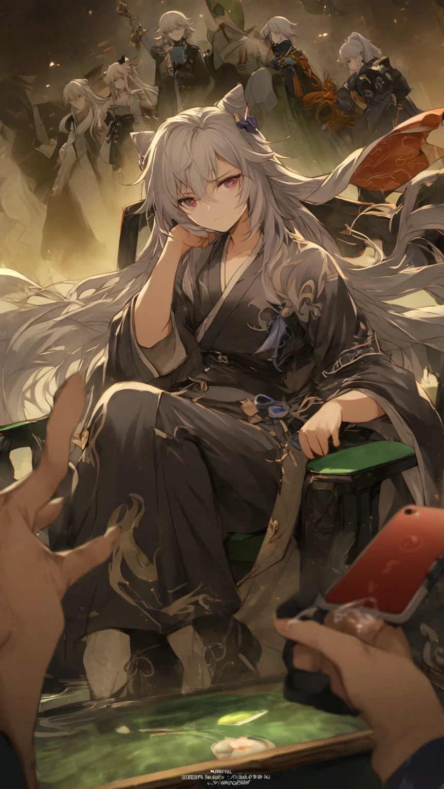 Close-up of a person sitting on a chair with a mobile phone, miyabi, Jan J, Keqing of Genshin Impact, White-haired God, Genshin Impact Mid-Range, Flowing hair and long robes, by Shimo, Haise Jinyao, Handsome men from Demon Slayer, Detailed Key Anime Art, everyone, Gwaiz