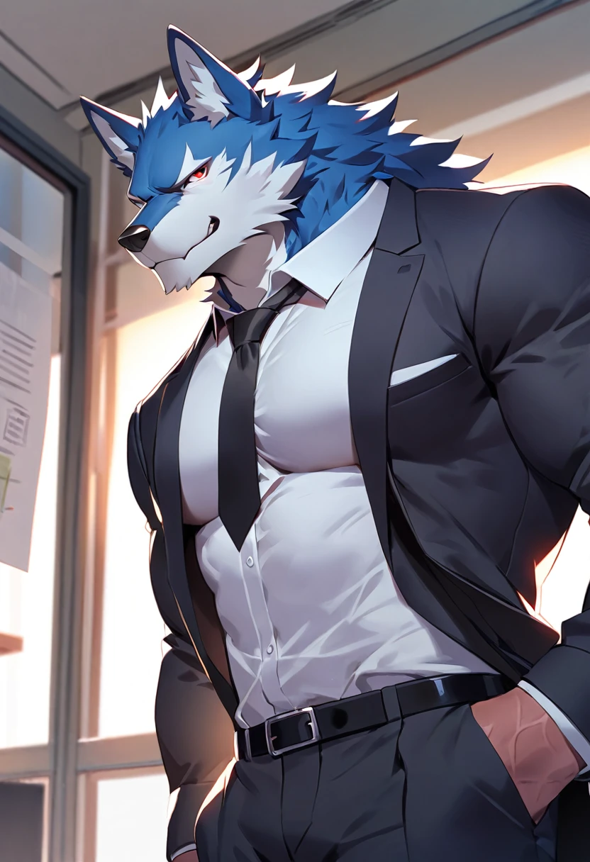 fenrir, wolf, 1boys, male, solo, dark blue fur, muscular, big tits, pecs, cool face, body scars, middle aged, office attire, black tie, standing, front angle, office background