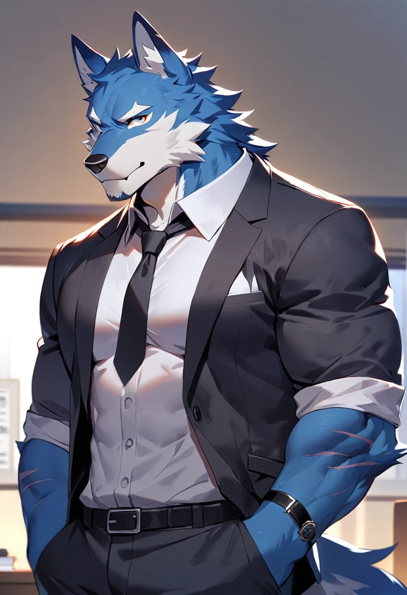 fenrir, wolf, 1boys, male, solo, dark blue fur, muscular, big , pecs, cool face, body scars, middle aged, office attire, black tie, standing, front angle, office background