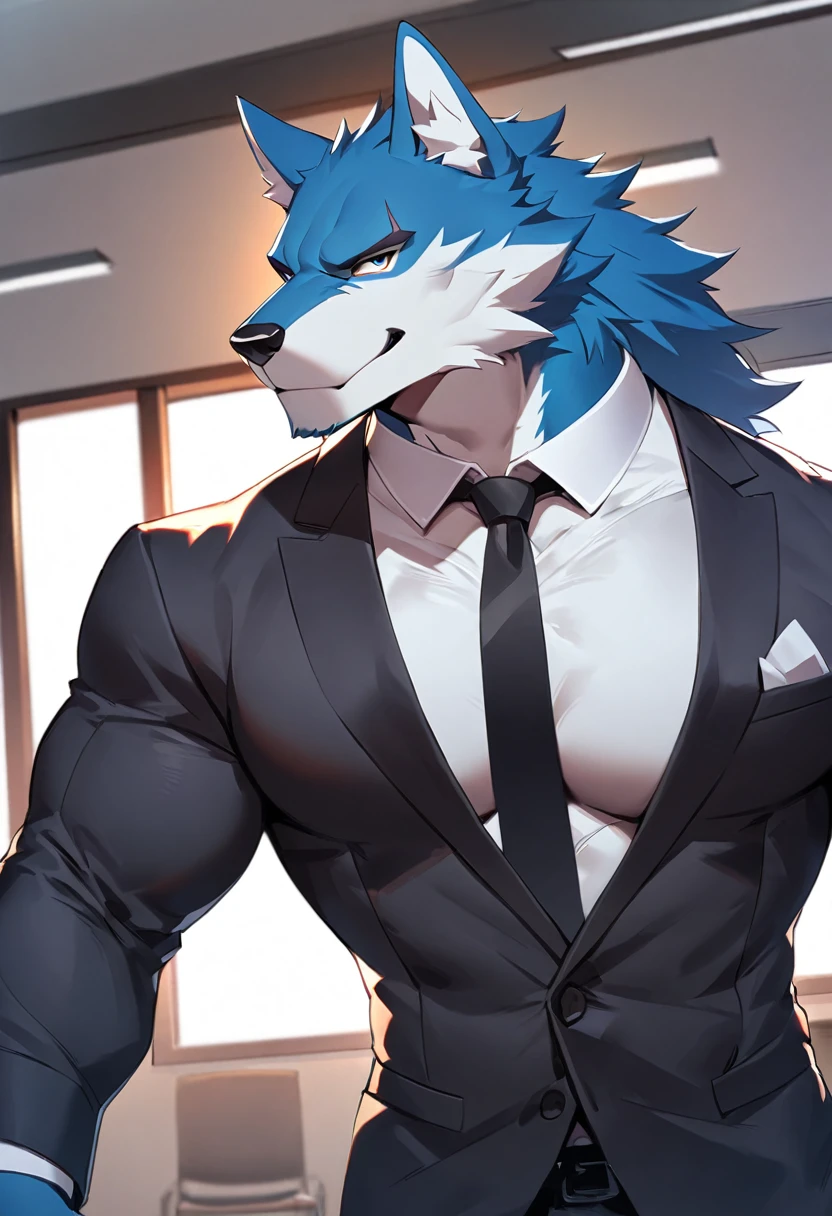 fenrir, wolf, 1boys, male, solo, dark blue fur, muscular, big tits, pecs, cool face, body scars, middle aged, office attire, black tie, standing, front angle, office background