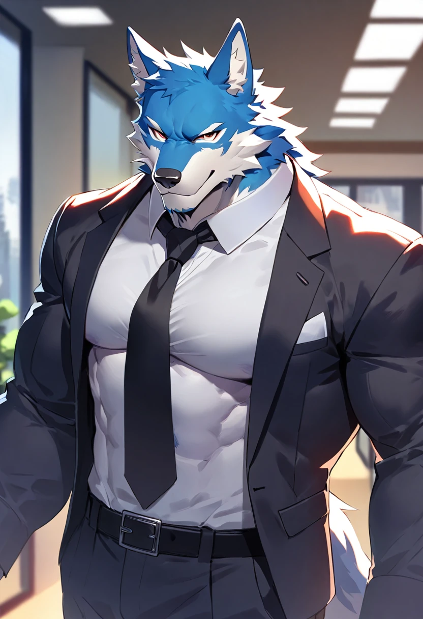 fenrir, wolf, 1boys, male, solo, dark blue fur, muscular, big tits, pecs, cool face, body scars, middle aged, office attire, black tie, standing, front angle, office background