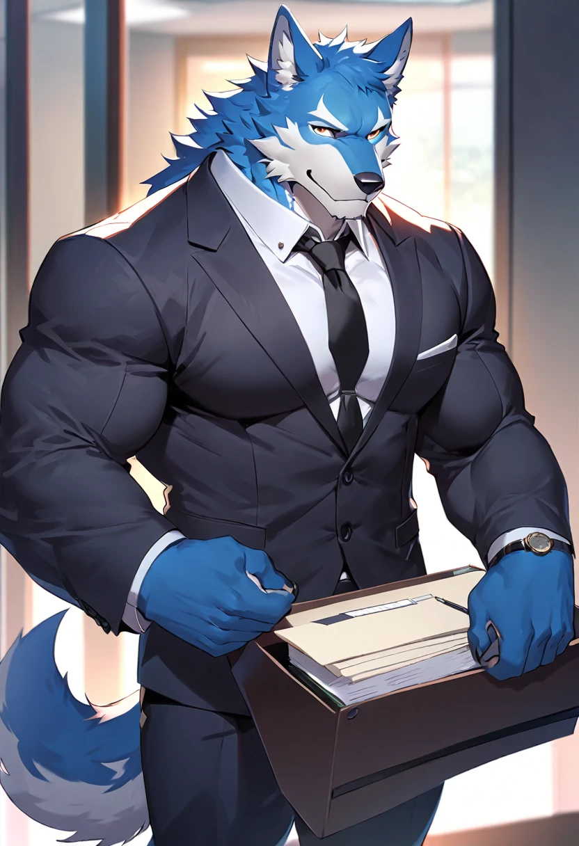 fenrir, wolf, 1boys, male, solo, dark blue fur, muscular, big tits, pecs, cool face, body scars, middle aged, office attire, black tie, standing, front angle, office background