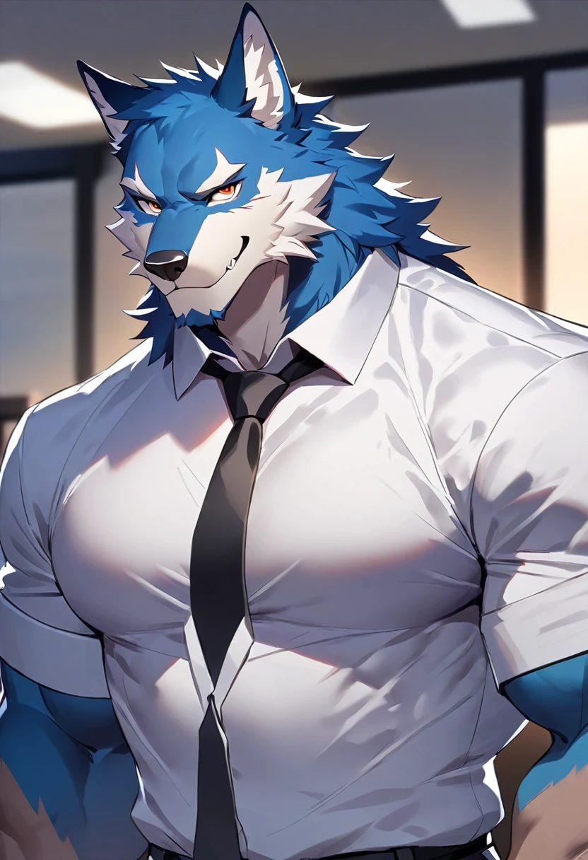 fenrir, wolf, 1boys, male, solo, dark blue fur, muscular, big tits, pecs, cool face, body scars, middle aged, office attire, black tie, standing, front angle, office background