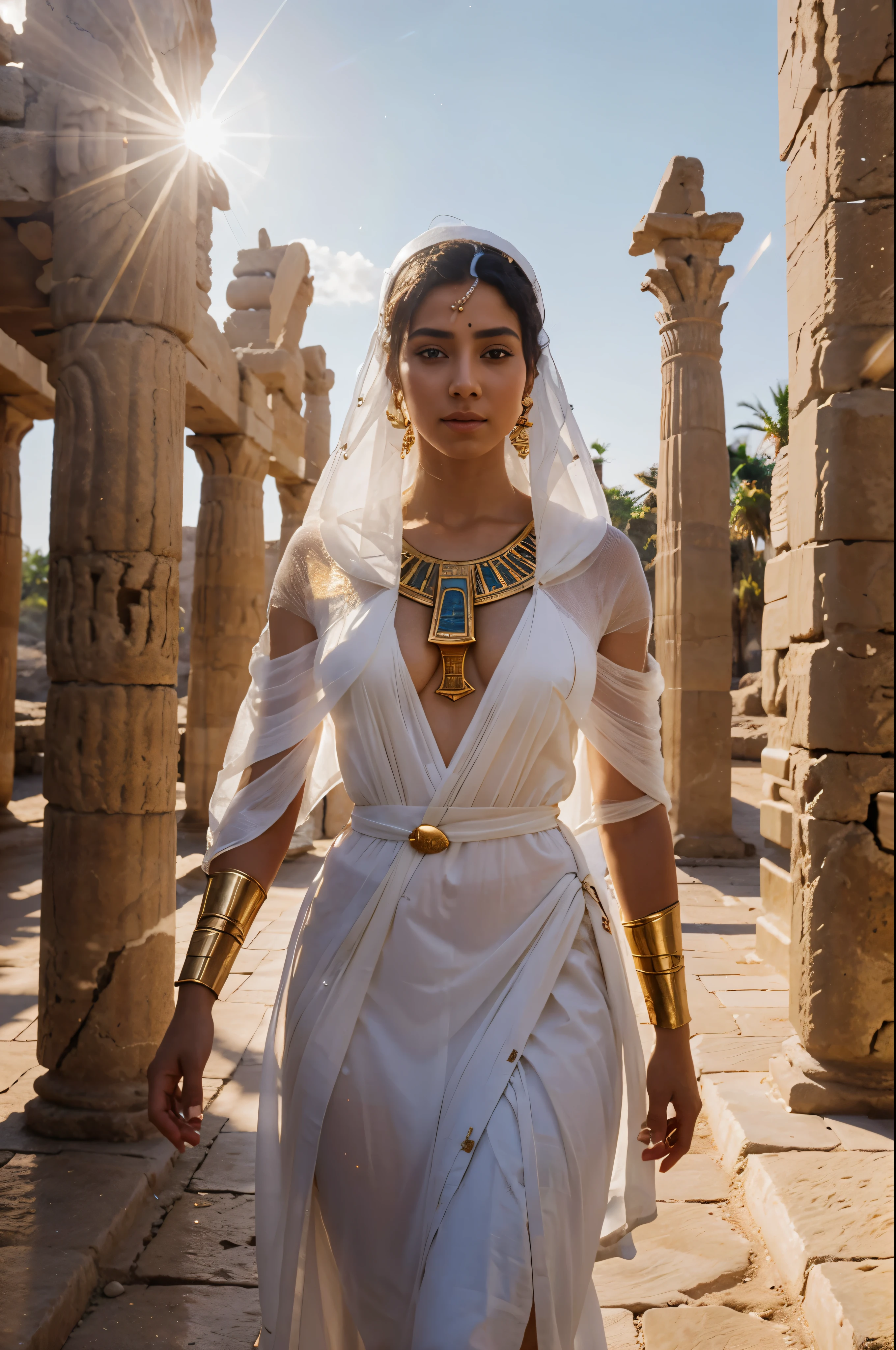 Ancient Egyptian Woman in White Transparent Ancient Clothes 4K Golden Hour HDR 64 Megapixel Lens Flare Beautiful Prehistoric Photorealistic