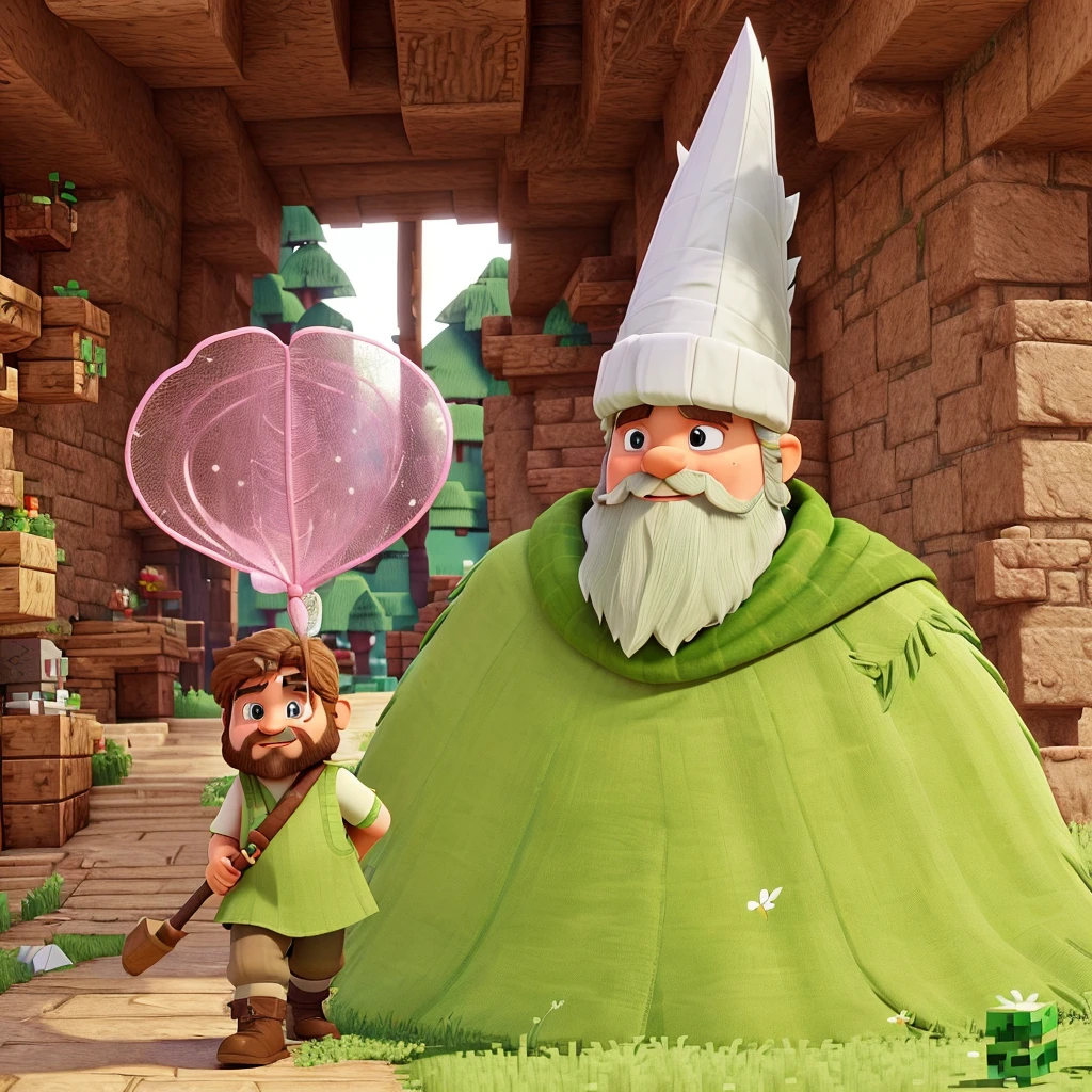 a little dwarf dressed in green, with a long white beard and stubble. a white pointed hat, he holds a pink butterfly catcher in his hand and uses it as a weapon. is in the world of minecraft and is walking through the forest