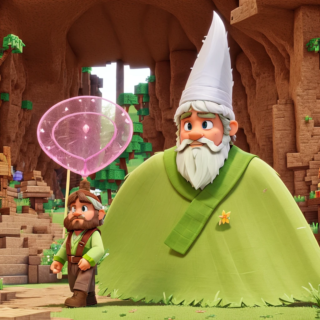 a little dwarf dressed in green, with a long white beard and stubble. a white pointed hat, he holds a pink butterfly catcher in his hand and uses it as a weapon. is in the world of minecraft and is walking through the forest