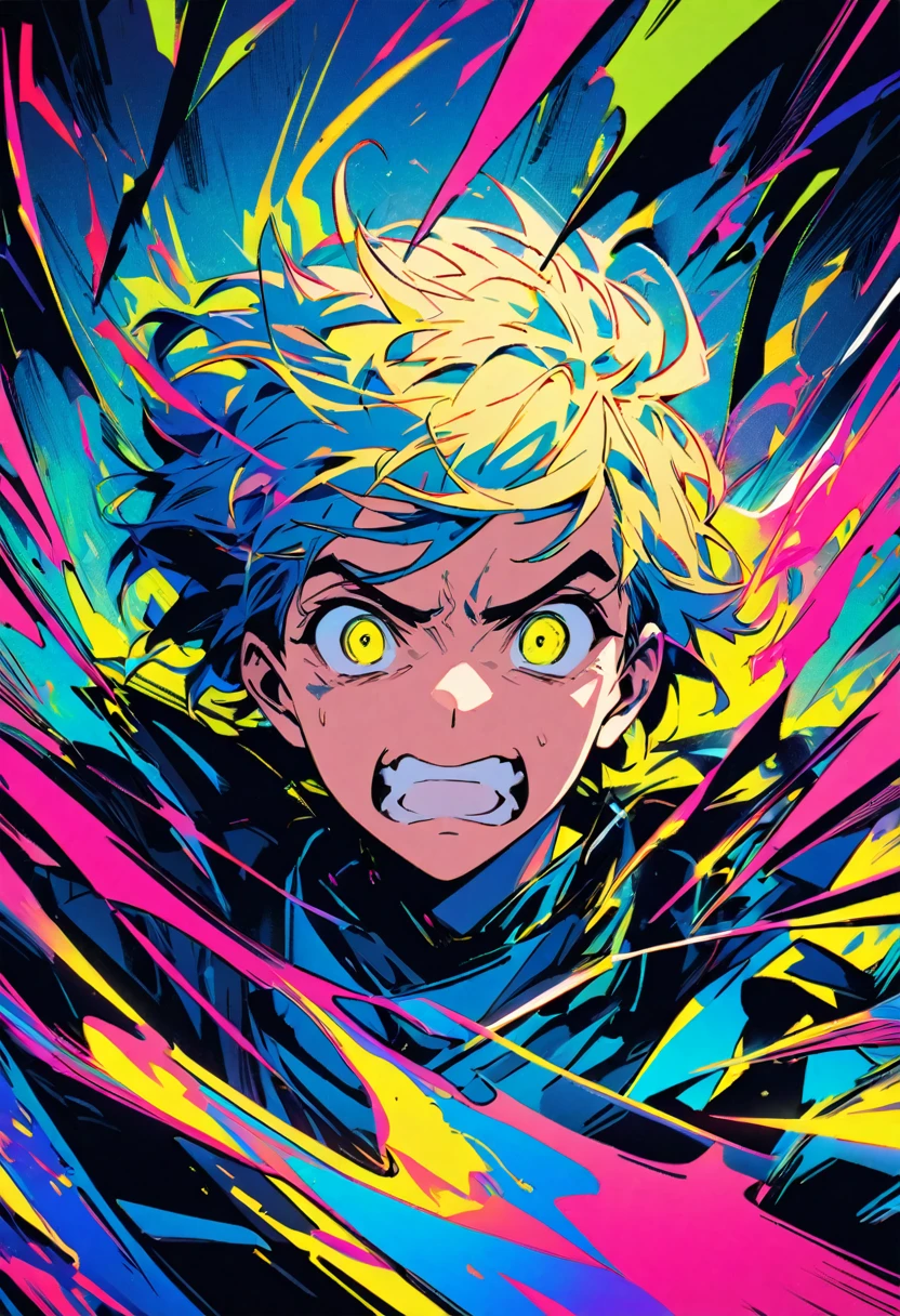 An young man's frightened face in comic book style, depicted in a bold, expressive lines and vibrant colors, against a contrasting gradient background that oscillates between electric blue and neon yellow, evoking a sense of urgency and unease, the subject's eyes wide with fear, eyebrows furrowed, and mouth agape, surrounded by abstract shapes and streaks, reminiscent of classic comic book visual motifs, imbued with a dynamic, kinetic energy, capturing the intense emotional turmoil of the moment, while exuding a futuristic, sci-fi flair.