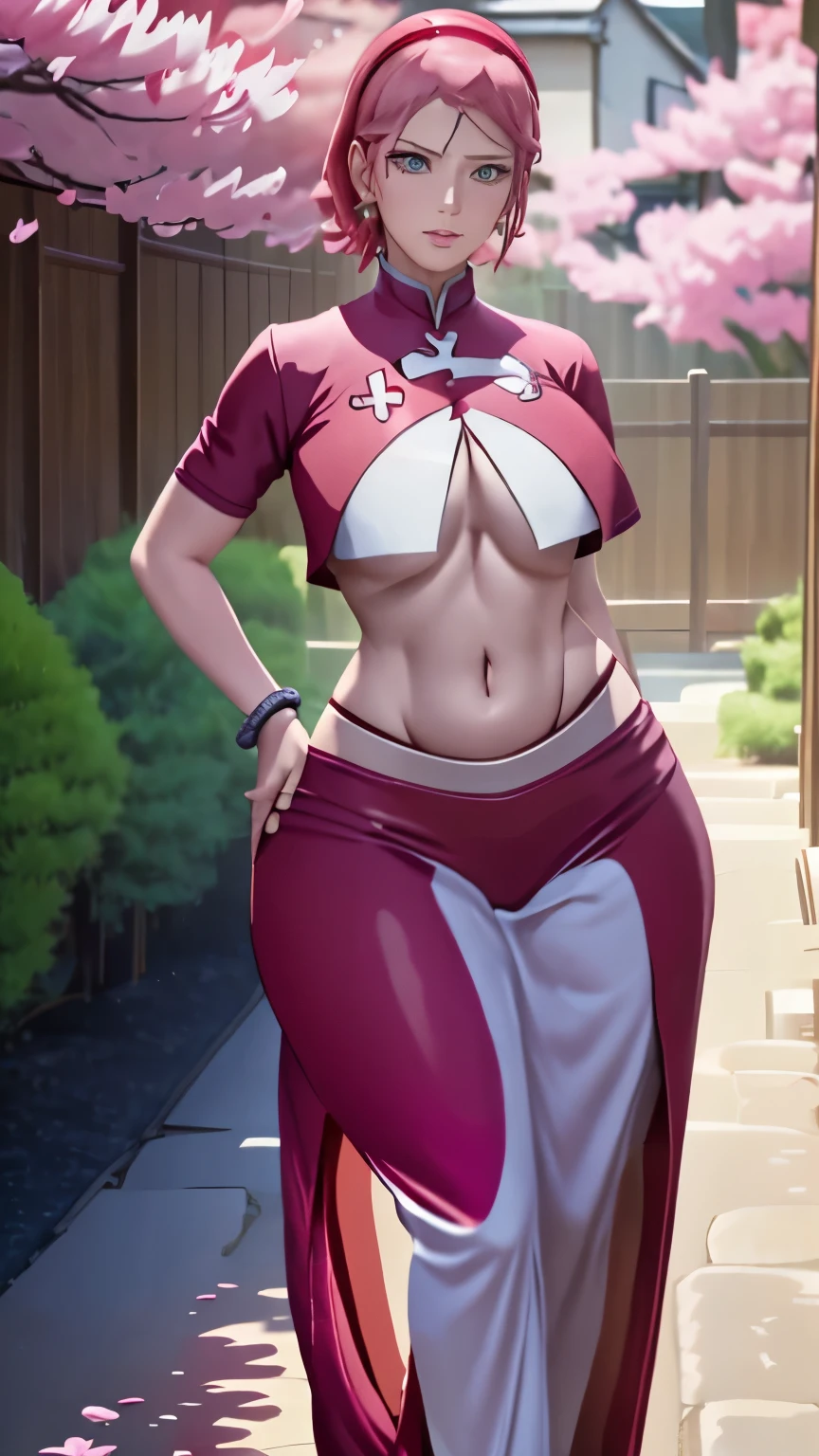 Curve, Realistic, Photorealistic,cowboy shot,masterpiece, absurdres, (colorful), 1girl, haruno sakura, forehead mark, red hairband, navel, groin, bracelet, looking at viewer, cherry blossoms, private garden, wind, floating hair, large breast, (((wide hips))), toned body, detailed eyes, dynamic pose, full body