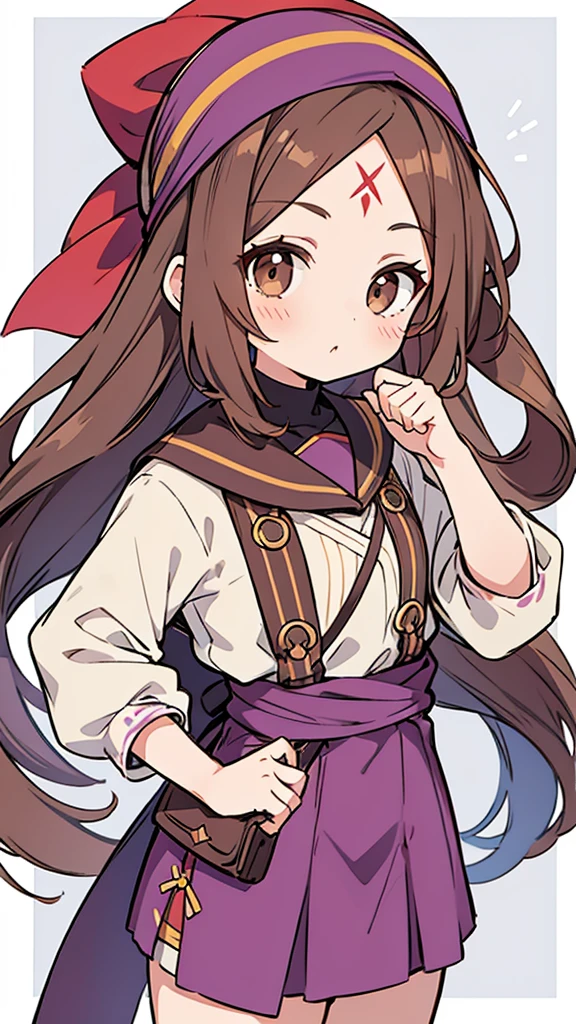 An anime girl in a lavender Clan outfit, with long, loose brown hair and brown eyes and a bandana on her forehead 