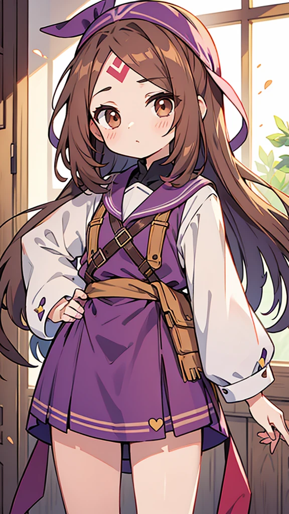An anime girl in a lavender Clan outfit, with long, loose brown hair and brown eyes and a bandana on her forehead