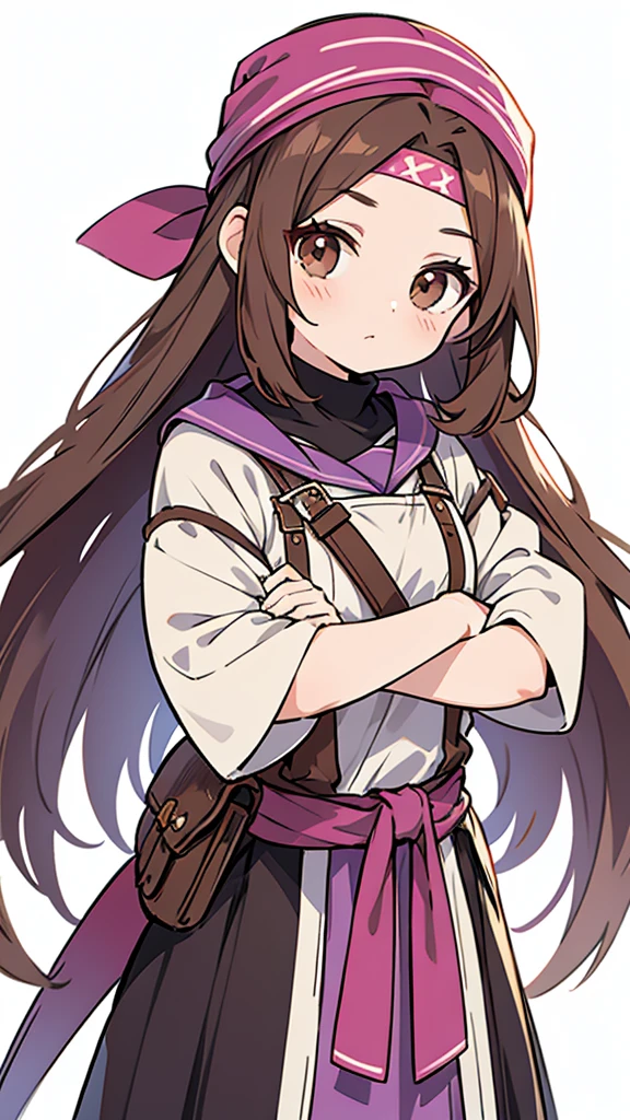 An anime girl in a lavender Clan outfit, with long, loose brown hair and brown eyes and a bandana on her forehead