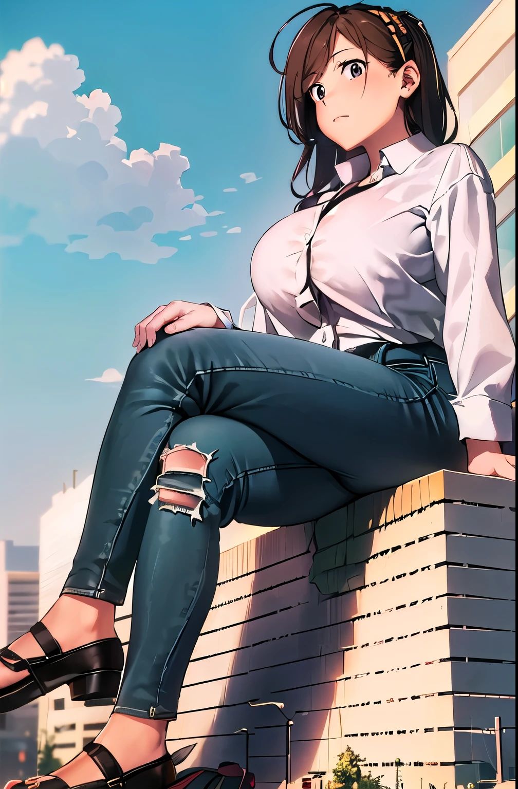 giantess, ((A giant lady bigger than a continent), Woman stooping, mamiya_kantaicollection, huge breast, Mature Woman, big ass, denim, shirt, low angle, View from the womans feet, Great impact, Very small city, city, Woman sitting, Woman about to sit down, Woman sitting on the ground, Woman sitting on the ground in the city, Broken Building, Destroyed town, Smoke from the buttocks, Dust, Big cities, Background of the metropolis, A giantess sitting in the biggest city on the continent, Super huge girl bigger than a continent, from below, panorama