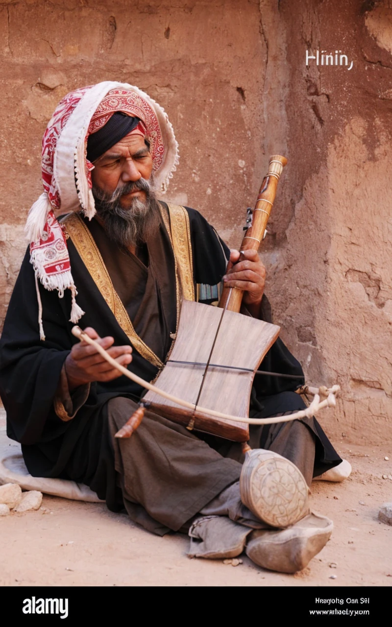Make monk white face, white Beard, playing ancient instrument, relaxing while playing,dark night, woods burning front of old Man