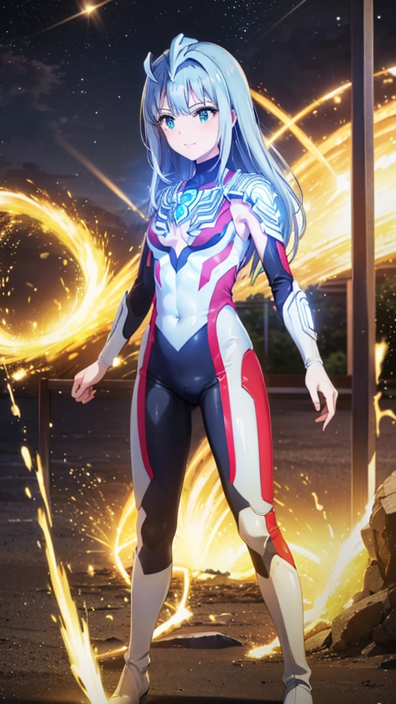 (masterpiece、Highest quality、In 8K、High resolution:1.2)、alone、One girl、 Shibuya Rin、Tight clothes、Cowboy Shot、smile、Hero Suit、Bodysuits、Tight suit、Trained abdominal muscles、Trained biceps、(nffsw :1.0）、 レッドウルトラマンBodysuits、A jewel shining on my chest、（building:1.2)、Night Scene