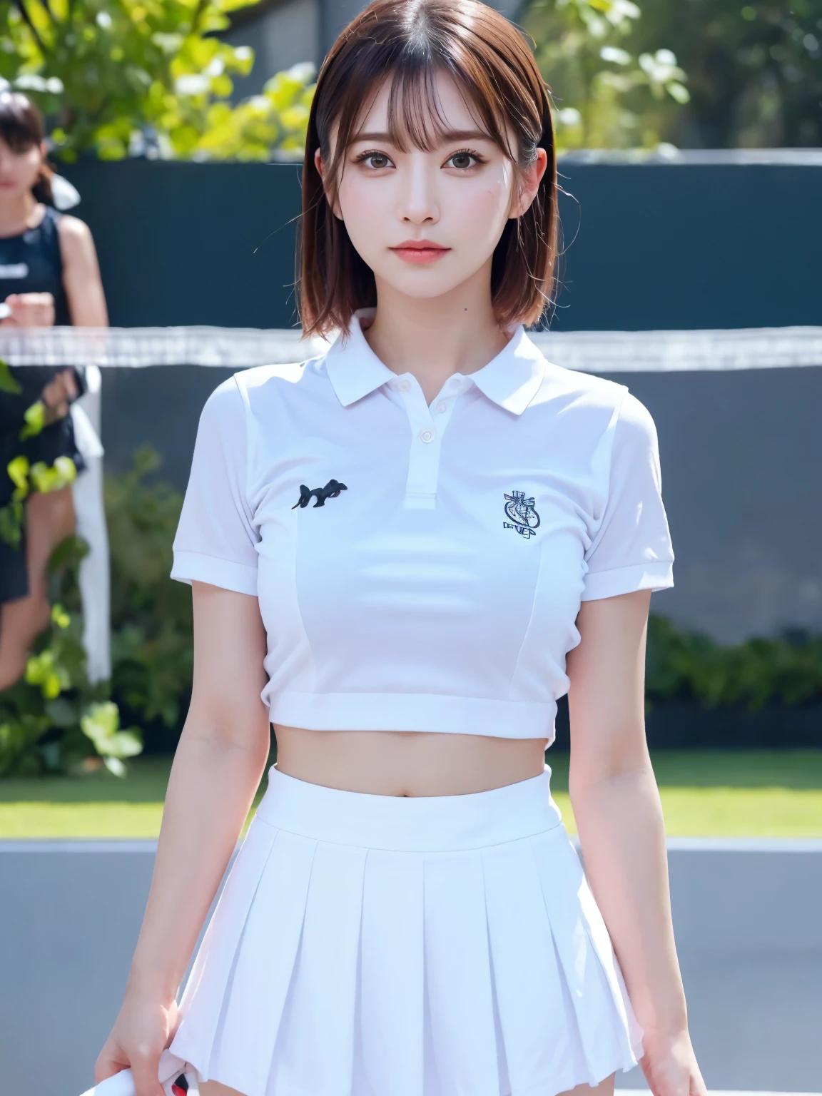 ((Upper Body))、1 Girl, alone, White polo shirt, White sneakers, Pink tennis wear: 1.3, White mini skirt, masterpiece, Highest quality, Realistic, Hyper Detail, (Shiny skin, Sweaty: 1.4), Confused, Looking into the camera, Short black hair, Brown eyes, thin, Dynamic Lighting, High resolution, Sharp focus, Written boundary depth, fine grain, Sharp eyes, Realistic eyes, (big: 1.2), (Thick thighs: 1.0), Outdoor, null, Korean Idol, Nogizaka idol, idol carving, actress,