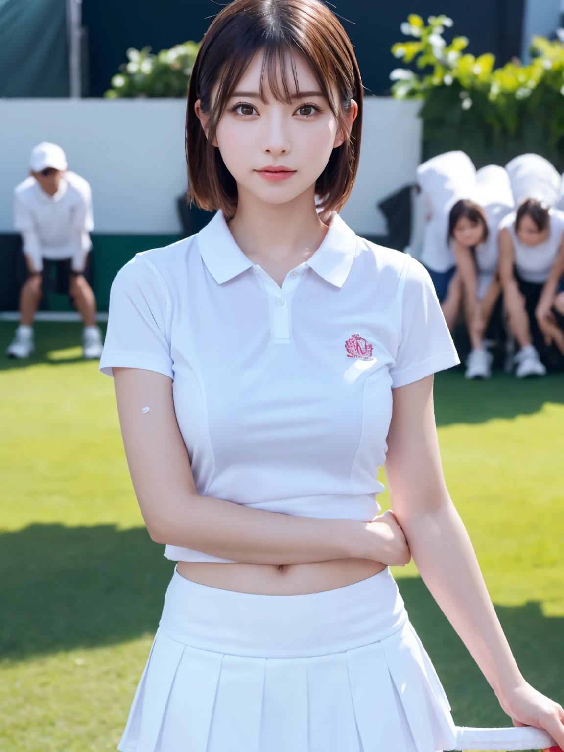((Upper Body))、1 Girl, alone, White polo shirt, White sneakers, Pink tennis wear: 1.3, White mini skirt, masterpiece, Highest quality, Realistic, Hyper Detail, (Shiny skin, Sweaty: 1.4), Confused, Looking into the camera, Short black hair, Brown eyes, thin, Dynamic Lighting, High resolution, Sharp focus, Written boundary depth, fine grain, Sharp eyes, Realistic eyes, (big: 1.2), (Thick thighs: 1.0), Outdoor, null, Korean Idol, Nogizaka idol, idol carving, actress,
