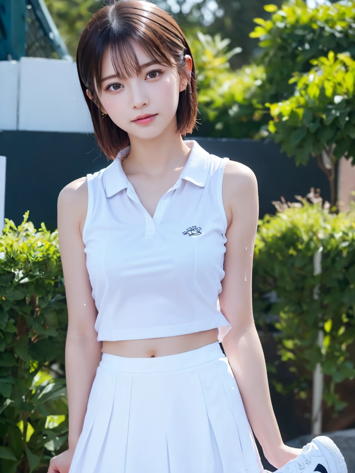 ((Upper Body))、1 Girl, alone, White polo shirt, White sneakers, Pink tennis wear: 1.3, White mini skirt, masterpiece, Highest quality, Realistic, Hyper Detail, (Shiny skin, Sweaty: 1.4), Confused, Looking into the camera, Short black hair, Brown eyes, thin, Dynamic Lighting, High resolution, Sharp focus, Written boundary depth, fine grain, Sharp eyes, Realistic eyes, (big: 1.2), (Thick thighs: 1.0), Outdoor, null, Korean Idol, Nogizaka idol, idol carving, actress,