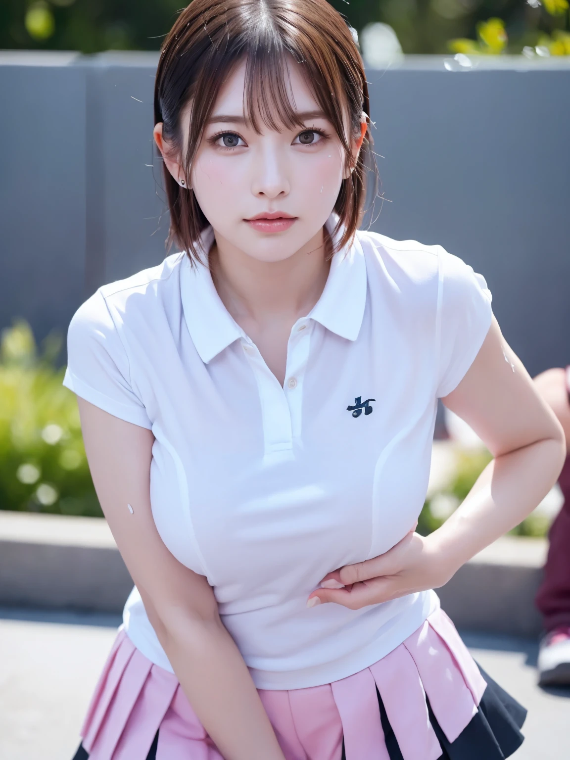 ((Upper Body))、1 Girl, alone, White polo shirt, White sneakers, Pink tennis wear: 1.3, White mini skirt, masterpiece, Highest quality, Realistic, Hyper Detail, (Shiny skin, Sweaty: 1.4), Confused, Looking into the camera, Short black hair, Brown eyes, thin, Dynamic Lighting, High resolution, Sharp focus, Written boundary depth, fine grain, Sharp eyes, Realistic eyes, (big: 1.2), (Thick thighs: 1.0), Outdoor, null, Korean Idol, Nogizaka idol, idol carving, actress,