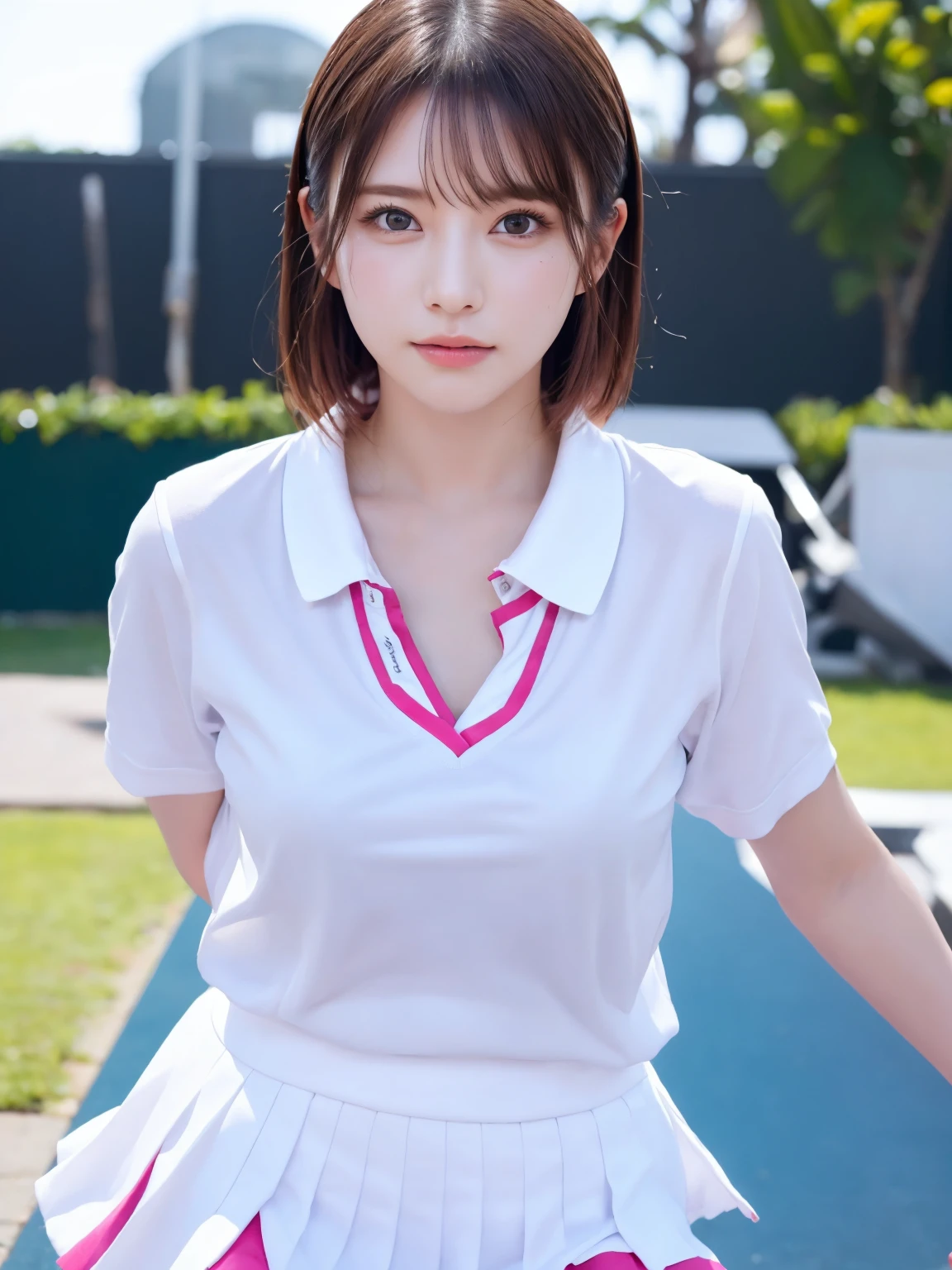 ((Upper Body))、1 Girl, alone, White polo shirt, White sneakers, Pink tennis wear: 1.3, White mini skirt, masterpiece, Highest quality, Realistic, Hyper Detail, (Shiny skin, Sweaty: 1.4), Confused, Looking into the camera, Short black hair, Brown eyes, thin, Dynamic Lighting, High resolution, Sharp focus, Written boundary depth, fine grain, Sharp eyes, Realistic eyes, (big: 1.2), (Thick thighs: 1.0), Outdoor, null, Korean Idol, Nogizaka idol, idol carving, actress,