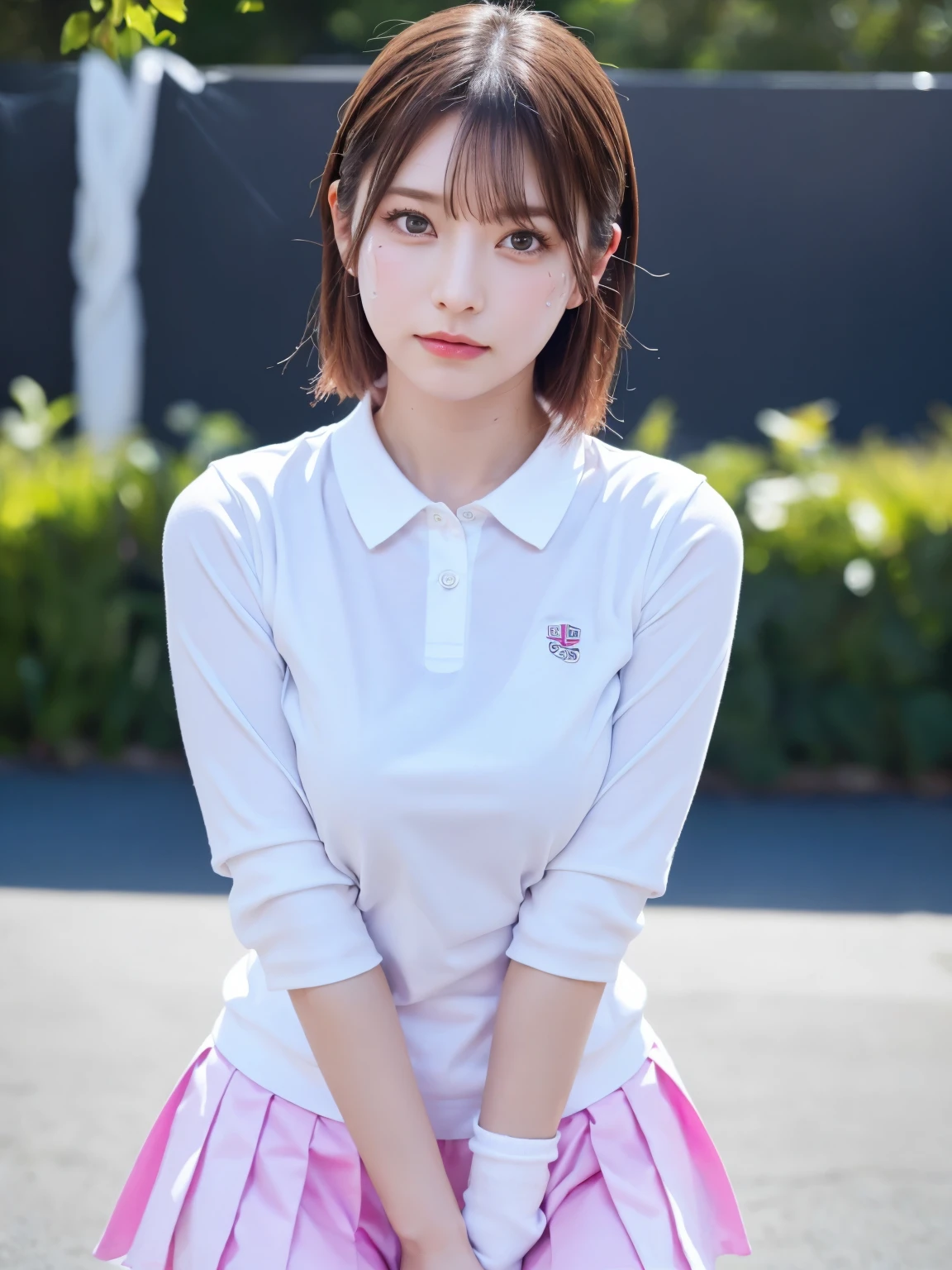 ((Upper Body))、1 Girl, alone, White polo shirt, White sneakers, Pink tennis wear: 1.3, White mini skirt, masterpiece, Highest quality, Realistic, Hyper Detail, (Shiny skin, Sweaty: 1.4), Confused, Looking into the camera, Short black hair, Brown eyes, thin, Dynamic Lighting, High resolution, Sharp focus, Written boundary depth, fine grain, Sharp eyes, Realistic eyes, (big: 1.2), (Thick thighs: 1.0), Outdoor, null, Korean Idol, Nogizaka idol, idol carving, actress,
