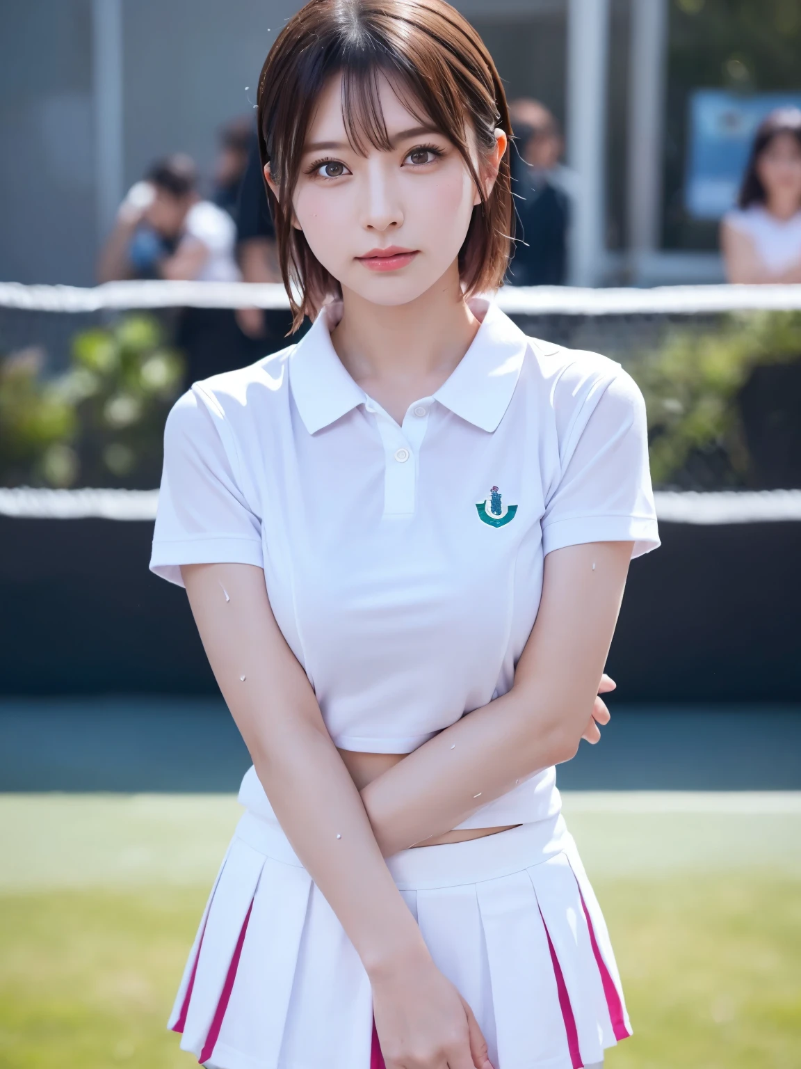 ((Upper Body))、1 Girl, alone, White polo shirt, White sneakers, Pink tennis wear: 1.3, White mini skirt, masterpiece, Highest quality, Realistic, Hyper Detail, (Shiny skin, Sweaty: 1.4), Confused, Looking into the camera, Short black hair, Brown eyes, thin, Dynamic Lighting, High resolution, Sharp focus, Written boundary depth, fine grain, Sharp eyes, Realistic eyes, (big: 1.2), (Thick thighs: 1.0), Outdoor, null, Korean Idol, Nogizaka idol, idol carving, actress,
