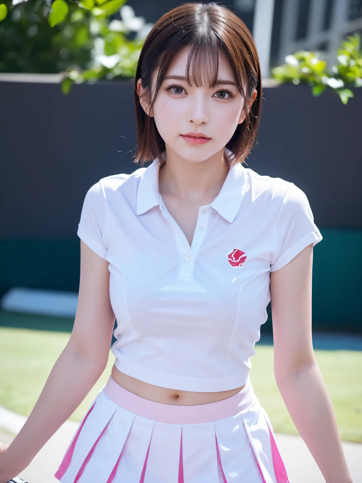 ((Upper Body))、1 Girl, alone, White polo shirt, White sneakers, Pink tennis wear: 1.3, White mini skirt, masterpiece, Highest quality, Realistic, Hyper Detail, (Shiny skin, Sweaty: 1.4), Confused, Looking into the camera, Short black hair, Brown eyes, thin, Dynamic Lighting, High resolution, Sharp focus, Written boundary depth, fine grain, Sharp eyes, Realistic eyes, (big: 1.2), (Thick thighs: 1.0), Outdoor, null, Korean Idol, Nogizaka idol, idol carving, actress,