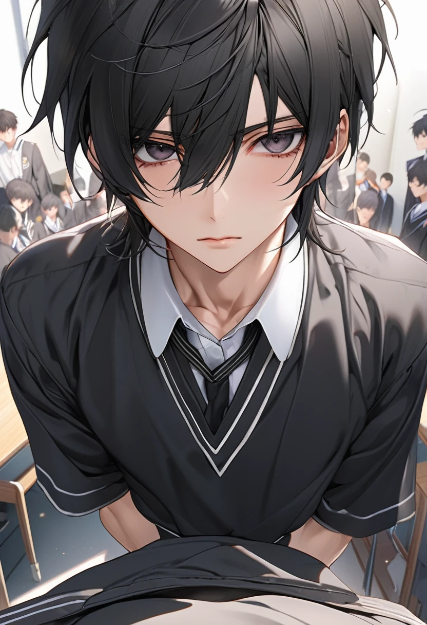 A highschool boy, handsome, perfect body, black hair, short hair, mullet, black eyes, upturned eyes, expressionless, black highschool uniform, anime, first-person view, masterpiece, anatomically correct, high details, highres, best quality, super detail, 1080P