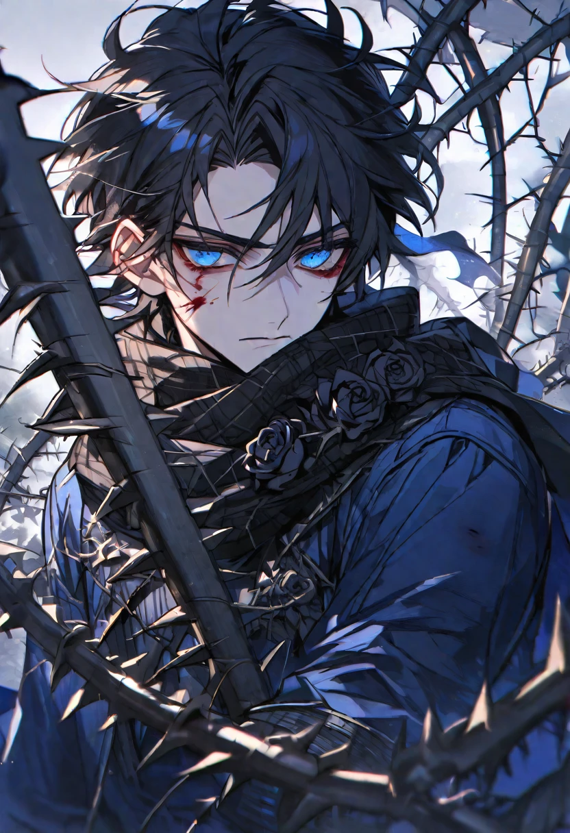 Solo, male, black hair, blue eyes, blue coat, black scarf, black roses, thorns, blood