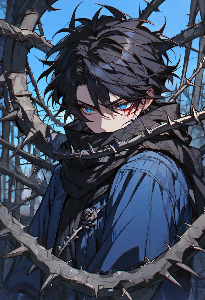 Solo, male, black hair, blue eyes, blue coat, black scarf, black roses, thorns, blood